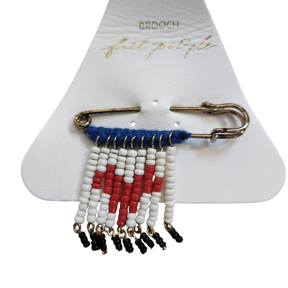 Free People Beaded Safety Pin Brooch Red White Blue Heart‎ Fringe Charm New
